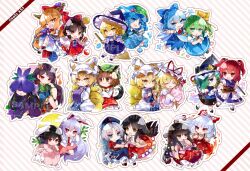 6+girls :3 absurdly_long_hair animal_ear_piercing animal_ears animal_hat ascot asymmetrical_hair backpack bag bamboo black_hair black_skirt blonde_hair blue_ascot blue_bow blue_capelet blue_dress blue_eyes blue_hair blue_hat blue_shorts blue_skirt blue_tabard blue_vest boots bow bow_(weapon) bowtie braid branch broom brown_eyes brown_hair brown_horns brown_sash capelet carrot_necklace cat_ears cat_tail chain chen chibi chibi_only china_dress chinese_clothes cirno closed_eyes closed_mouth coin coin_on_string collared_shirt commentary_request cone_horns constellation_print cross daiyousei detached_sleeves detached_wings dress earrings egasumi epaulettes fairy fairy_wings fire floppy_ears flower flower_on_head fox_ears fox_tail frilled_bow frilled_hat frills fujiwara_no_mokou gap_(touhou) gourd green_bag green_eyes green_hair green_hat green_shirt grey_hair hair_bobbles hair_bow hair_ornament hair_tubes hakurei_reimu hands_in_opposite_sleeves hat hat_bow hat_ribbon holding holding_bow_(weapon) holding_branch holding_broom holding_pillow holding_scythe holding_weapon hoop_earrings horn_ornament horn_ribbon horns houraisan_kaguya ibuki_suika ice ice_wings inaba_tewi jeweled_branch_of_hourai jewelry kawashiro_nitori key kirisame_marisa kitsune kutsuki_kai lobelia_(flower) long_hair long_skirt long_sleeves looking_at_viewer medium_hair mob_cap multicolored_dress multiple_girls multiple_hair_bows multiple_tails necklace necktie nekomata nippaku_zanmu nurse_cap obi obidome official_alternate_costume ofuda ofuda_on_clothes one_eye_closed oni onozuka_komachi open_mouth orange_hair orb pants pendant pillow pinafore_dress pink_dress pink_shirt pink_skirt puffy_short_sleeves puffy_sleeves purple_dress purple_flower purple_hair purple_skirt rabbit rabbit_ears rabbit_girl rabbit_tail red_bow red_cross red_dress red_eyes red_hair red_necktie red_pants red_skirt reisen_udongein_inaba ribbon ribbon-trimmed_skirt ribbon-trimmed_sleeves ribbon_trim rod_of_remorse rubber_boots sample_watermark sash scythe shiki_eiki shirt short_sleeves shorts side_braid single_braid single_earring sitting skirt skirt_set sleeve_bow sleeveless sleeveless_dress smile sparkle star_(symbol) subterranean_animism suspenders tabard tail touhou twitter_username two-tone_dress two_side_up two_tails very_long_hair vest vine_print watermark weapon white_bow white_bowtie white_hat white_shirt wide_sleeves wings witch_hat yagokoro_eirin yakumo_ran yakumo_yukari yellow_ascot yellow_eyes yellow_horns yin_yang yin_yang_orb yomotsu_hisami