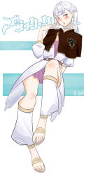 1girl absurdres black_bulls_(emblem) black_capelet black_clover bracelet capelet dress grey_hair highres jewelry noelle_silva pink_eyes purple_dress sandals skirt toes twintails two-tone_dress white_dress