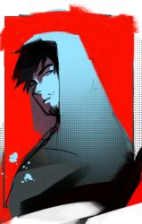 Rule 34 | 1boy, black eyes, black hair, border, clenched teeth, cry of fear, facial hair, goatee stubble, grey hoodie, halftone, highres, hood, hood up, hoodie, looking back, male focus, ornate border, raccozan, red background, short hair, simon henriksson, solo, stubble, teeth, upper body