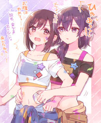 2girls ^^^ asahina_mafuyu black_shirt blush breasts brown_eyes brown_hair crop_top hair_over_shoulder highres long_hair medium_breasts midriff multiple_girls navel off_shoulder open_mouth parted_lips ponytail project_sekai purple_eyes purple_hair shinonome_ena shirt short_sleeves sorimachi-doufu sweat translation_request white_shirt wiping yuri