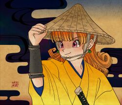 1girl absurdres alena_(dq4) cloud dragon_quest dragon_quest_iv hat highres japanese_clothes katana kimono long_hair looking_to_the_side okita_(sukult_4) orange_hair purple_eyes rice_hat smile solo sword upper_body weapon