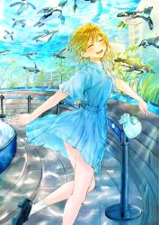 1girl ao_no_hako aquarium aquarium_tunnel bag bird black_shoes blonde_hair blue_dress blush collared_dress dress foot_out_of_frame highres indoors kano_chinatsu mirai_ciel open_mouth penguin shoes short_hair short_sleeves shoulder_bag smile socks solo standing standing_on_one_leg thighs white_socks