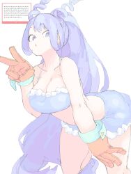 1girl absurdres bikini blue_bikini blue_eyes blue_hair blush boku_no_hero_academia breasts cleavage drill_hair gloves hado_nejire hair_horns highres large_breasts long_hair looking_at_viewer mocamocaink simple_background solo swimsuit very_long_hair