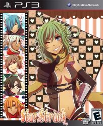 1girl 5boys armor assassin_cross_(ragnarok_online) black_gloves black_hair black_leotard blue_hair breasts brown_hair cigarette commentary cover elbow_gloves english_commentary fake_cover game_cartridge gloves green_hair grin leotard looking_at_viewer medium_breasts medium_hair multiple_boys navel one_eye_closed open_mouth orange_hair pauldrons pointing pointing_at_viewer pointy_ears ragnarok_online red_eyes revealing_clothes rinslette short_hair shoulder_armor smile upper_body vambraces white_hair