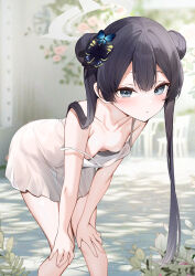 1girl absurdres black_hair blue_archive blurry blurry_background breasts butterfly_hair_ornament closed_mouth day double-parted_bangs double_bun dress grey_eyes hair_between_eyes hair_bun hair_ornament halo hands_on_own_knees highres kisaki_(blue_archive) knees_together_feet_apart leaning_forward light_blush loli long_hair looking_at_viewer no_bra outdoors see-through_clothes see-through_dress short_dress small_breasts solo strap_slip twintails very_long_hair white_dress yukineko1018