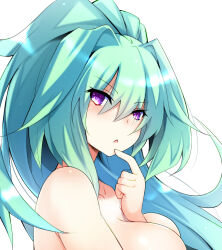 1girl arm_between_breasts between_breasts breasts choujigen_game_neptune clip_studio_paint_(medium) completely_nude doria_(p_f_dolia) finger_to_mouth green_hair green_heart_(neptunia) large_breasts long_hair neptune_(series) nude out-of-frame_censoring ponytail power_symbol power_symbol-shaped_pupils purple_eyes solo symbol-shaped_pupils vert_(neptunia)