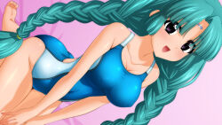 1girl absurdres aqua_hair barefoot blue_one-piece_swimsuit braid breasts canal_vorfeed cleavage collarbone competition_swimsuit covered_erect_nipples covered_navel dutch_angle facial_mark forehead_mark highres large_breasts looking_at_viewer lost_universe multicolored_swimsuit one-piece_swimsuit purple_eyes seiza sitting solo sugimura_tomokazu swimsuit twin_braids v_arms