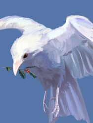 absurdres animal animal_ears beak bird blue_background claws feathers flying full_body highres holding_holly holly no_humans original red_eyes solo spread_wings tukimi_088 white_feathers