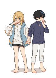 1boy 1girl alternate_costume averting_eyes bare_legs barefoot black_hair blonde_hair blue_streaks blush bridget_(guilty_gear) casual couple cross cross_necklace female guilty_gear guilty_gear_strive guilty_gear_strive:_dual_rulers hand_to_own_mouth highres holding_hands jacket jewelry matching_accessory multicolored_hair necklace open_clothes open_jacket short_hair streaked_hair sweater unika_(guilty_gear) yano_(edbr1022)