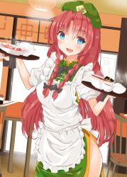 1girl absurdres adapted_costume apron bare_legs beret black_neckwear blue_eyes bow bowl bowtie braid chair china_dress chinese_clothes dress food food_request fujiko_(emnprmn) hair_bow hat highres hong_meiling indoors lamp long_hair looking_at_viewer meat open_mouth red_hair restaurant rice rice_bowl short_sleeves smile soup soy_sauce table thighs tile_floor tiles touhou translation_request tray twintails waitress window