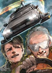 Rule 34 | 2boys, back to the future, back to the future part ii, delorean, driving, emmett brown, flying car, grey hair, hair slicked back, highres, hover vehicle, ikuyoan, male focus, marty mcfly, multiple boys, old, old man, open mouth, science fiction, signature, smile, steering wheel, sunglasses, sweatdrop