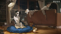 1boy alarm_clock animal_focus baseball blurry blurry_background bone book book_stack bookshelf border_collie box brown_hair city_lights clock controller copyright_name copyright_notice couch curtains cushion dog eyewear_strap facial_hair gift gift_box glasses highres holding holding_remote_control indoors lamp logo looking_at_another looking_at_viewer looking_back night official_art official_wallpaper on_couch open_book pet pickles_(reverse:1999) remote_control reverse:1999 round_eyewear short_hair sitting stubble sweater toy turning_head unworn_eyewear white_sweater window wooden_floor
