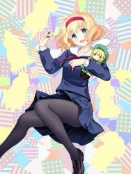 alice_margatroid black_pantyhose black_shoes blonde_hair blue_eyes blue_shirt blue_skirt breasts commentary_request doll feet_out_of_frame hairband happy hataraki_kuma head_tilt highres holding holding_doll jewelry loafers lolita_hairband neck_ribbon open_mouth pantyhose puppet_rings red_hairband red_ribbon ribbon ring sailor_collar shanghai_doll shirt shoes skirt small_breasts thighs touhou white_sailor_collar