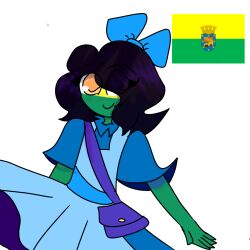 Rule 34 | black hair, blue bow, blue bowtie, blue skirt, bow, bowtie, cityhumans, countryhumans, hair bow, highres, non-web source, orange eyes, skirt, statehumans