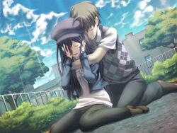 Rule 34 | 1boy, 1girl, alternate costume, argyle clothes, argyle sweater vest, artist request, blue jacket, blue sky, brown footwear, brown hair, building, burn scar, bush, casual, closed eyes, closed mouth, cloud, crying, day, fence, game cg, grey hat, grey pants, hair over one eye, hands on own face, hat, hug, ikezawa hanako, jacket, katawa shoujo, long hair, nakai hisao, non-web source, official alternate costume, official art, open clothes, open jacket, open mouth, outdoors, pants, purple eyes, purple hair, sad smile, scar, scar on face, scar on hand, shirt, shoes, short hair, sky, smile, sunlight, sweater vest, tears, tree, white shirt, window