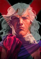 1boy artist_name black_background blue_eyes bodysuit clenched_hand closed_mouth commentary english_commentary gloves grey_hair hand_up highres lips magneto male_focus marvel pink_gloves purple_scarf realistic red_bodysuit scarf short_hair simple_background solo upper_body uzuri_art v-shaped_eyebrows wavy_hair x-men
