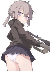 1girl :&lt; ass black_gloves black_skirt blush bolt_action brown_jacket caraku cheytac_m200 commentary from_behind girls&#039;_frontline girls&#039;_frontline_2:_exilium gloves grey_hair gun highres holding jacket long_eyelashes long_sleeves looking_at_viewer looking_back low_twintails m200_(girls&#039;_frontline) miniskirt panties pantyshot pleated_skirt ponytail purple_eyes rifle simple_background skirt sniper_rifle solo thick_eyelashes twintails underwear upskirt weapon white_background white_panties