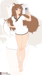 1girl ;) absurdres animal_ear_fluff animal_ears barefoot blush brown_hair cellphone closed_mouth commentary english_commentary feet full_body highres holding holding_phone holo large_tail likunea long_hair looking_at_phone no_pants one_eye_closed patreon_logo patreon_username phone red_eyes shirt short_sleeves smartphone smile spice_and_wolf standing tail toes twitter_logo twitter_username v very_long_hair white_shirt wolf_ears wolf_girl wolf_tail zoom_layer