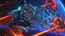 1girl :d absurdres aqua_eyes black-framed_eyewear black_gloves black_shorts blue_jacket commentary crying_emoji digitan_(porforever) emoji energy_barrier energy_shield english_commentary eyewear_on_head fang fingerless_gloves fur-trimmed_shorts fur_trim gloves gun heart hexagon highres holding holding_gun holding_weapon jacket knee_pads long_hair looking_at_viewer open_mouth original porforever power_symbol red-tinted_eyewear robot_ears science_fiction short_shorts shorts smile solo star-shaped_pupils star_(symbol) sunglasses sweat symbol-shaped_pupils tail tinted_eyewear weapon white_hair