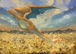 Rule 34 | animal focus, blue eyes, charizard, claws, closed mouth, cloud, cloudy sky, embers, fangs, fire, flame-tipped tail, flying, full body, gen 1 pokemon, grey sky, highres, nintendo, no humans, outdoors, pokemon, pokemon (creature), sky, solo, tail, volpecorvo, wheat field