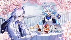 1boy 1girl :3 animal_ears animalization apron ascot black_dress blue_ascot blue_bow blue_eyes blue_hair blue_necktie bow breasts cake cat_ears cat_tail cherry_blossoms collared_shirt dress falling_petals food furina_(genshin_impact) genshin_impact gloves highres jacket long_hair macaron medium_breasts necktie neuvillette_(genshin_impact) open_mouth petals plate pudding railing shirt smile swiss_roll tail tiered_tray very_long_hair veryslow_zzzpin wavy_hair white_apron white_gloves white_hair white_jacket white_shirt wing_collar