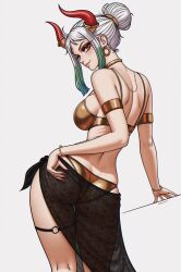1girl ai-assisted ass bare_shoulders bikini black_sarong breasts cowboy_shot earrings female_focus from_behind gold_bikini green_hair grey_background grey_hair hair_bun highres horns jewelry large_breasts looking_at_viewer multicolored_hair one_piece prixmal red_eyes sarong simple_background solo swimsuit two-tone_hair yamato_(one_piece)