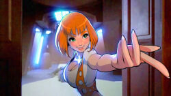 1girl absurdres breasts cleavage foreshortening green_eyes highres large_breasts leeloo_(the_fifth_element) orange_hair parted_lips short_hair smile solo sykosan the_fifth_element thick_eyebrows