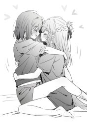 2girls after_kiss barefoot braid closed_eyes commentary_request greyscale half_up_braid heart highres long_hair lwmina70119 miyagi_shiori monochrome multiple_girls open_mouth saliva saliva_trail sendai_hazuki shirt short_hair short_sleeves shorts shuuniichido_classmate_wo_kau_hanashi sitting sitting_on_lap sitting_on_person smile socks tongue tongue_out yuri