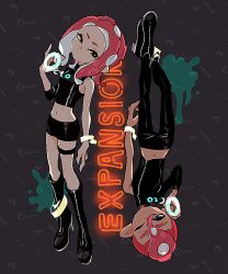 1boy 1girl agent_8_(splatoon) anklet black_boots black_pants black_shirt black_skirt boots closed_mouth commentary_request copyright_name crop_top dark-skinned_male dark_skin expressionless full_body grey_background grey_eyes hair_between_eyes imaikuy0 jewelry knee_boots medium_hair midriff miniskirt navel nintendo octoling one_eye_closed pants parted_bangs pencil_skirt red_hair shirt short_hair single_bare_shoulder single_sleeve skirt splatoon_(series) splatoon_2 splatoon_2:_octo_expansion tentacle_hair thigh_strap wristband yellow_eyes zipper