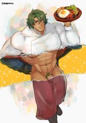 1boy abs alternate_costume alternate_pectoral_size bara chef dark-skinned_male dark_skin foot_out_of_frame green_hair highres holding holding_plate impossible_clothes joe_(sk8) large_pectorals looking_at_viewer male_focus male_pubic_hair medium_hair muscular muscular_male navel navel_hair nipples pectorals penis penis_peek plate pubic_hair revealing_layer robokeh shirt sk8_the_infinity solo stomach tight_clothes tight_shirt