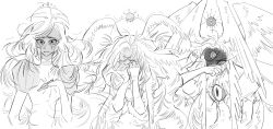 1girl angel_wings angry crying dark-skinned_female dark_skin dress emily_(hazbin_hotel) extra_eyes feathered_wings halo hazbin_hotel head_wings highres long_hair solo third_eye_on_chest tppiiiiqqt transformation very_long_hair white_dress white_hair wings