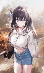 1girl absurdres animal_charm bag black_bag black_hair blue_eyes breasts buttons closed_mouth collared_shirt cowboy_shot crop_top denim denim_shorts hair_bun hair_intakes hair_ornament hairclip handbag highres holding_strap charm_(object) long_hair long_sleeves looking_at_viewer medium_breasts midriff_peek mole mole_under_eye original outdoors path pouty_lips road shia_job shirt shorts sketch solo standing tearing_up thighs white_shirt