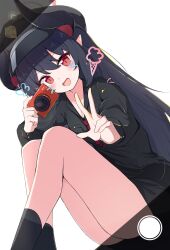 1girl :d absurdres black_hair black_hat black_shirt black_skirt black_socks blue_archive blush chiaki_(blue_archive) collared_shirt commentary demon_girl demon_horns drawn_whiskers dutch_angle feet_out_of_frame hair_between_eyes hands_up happy hat highres horns kneehighs knees_up long_hair long_sleeves looking_at_viewer necktie open_mouth peaked_cap pointy_ears red_eyes red_necktie school_uniform shirokuma_(zeroillya) shirt simple_background sitting skirt slit_pupils smile socks solo straight_hair thighs very_long_hair viewfinder w white_background