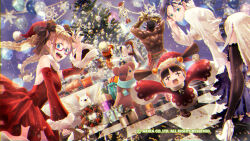 Rule 34 | area (arika), arika, balloon, black hair, blair dame, breasts, character request, christmas, closed mouth, dark skin, darun mister, fighting ex layer, food, highres, jewelry, long hair, looking at viewer, medium breasts, medium hair, multiple boys, multiple girls, official art, official wallpaper, open mouth, ponytail, skullomania, smile, street fighter, street fighter ex (series), technictix, turkey (food)