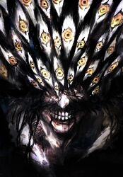 1boy black_hair bleach bleach:_sennen_kessen-hen blood clenched_teeth close-up dark eldritch_abomination evil_smile extra_eyes facial_hair highres horror_(theme) long_hair looking_at_viewer male_focus mustache no_eyebrows nose old old_man open_mouth red_eyes shaded_face shadow simple_background smile solo teeth thick_mustache xa8uofivf2mcart yellow_eyes yhwach