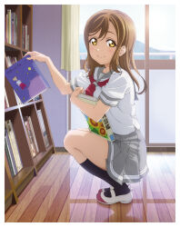 1girl artbook black_socks blush book bookshelf brown_hair curtains full_body grey_sailor_collar grey_skirt highres holding holding_book indoors kneehighs kunikida_hanamaru long_hair looking_at_viewer love_live! love_live!_sunshine!! neckerchief non-web_source official_art pleated_skirt sailor_collar school_uniform serafuku shirt shoes short_sleeves skirt smile socks solo squatting summer_uniform uranohoshi_school_uniform uwabaki white_shirt window yellow_eyes