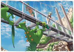 1boy 1girl angry arm_rest bandana beanie bike_shorts black_shorts blue_sky brendan_(pokemon) bulging_eyes cable-stayed_bridge cloud cloudy_sky commentary_request covering_privates crossed_arms day evolutionary_line eye_pop from_below gen_3_pokemon green_bandana green_hat grovyle hat highres how_long looking_at_another may_(pokemon) mountain nintendo open_mouth orange_shirt outdoors poke_ball_print pokemon pokemon_(creature) pokemon_emerald pokemon_rse sceptile shirt shorts sky sleeveless sleeveless_shirt standing sweatdrop tail treecko two-tone_hat white_hat