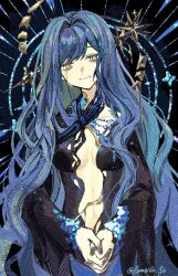 1girl arcana_(reverse:1999) black_background black_dress blue_hair breasts colored_tears dress film_grain head_tilt interlocked_fingers long_hair long_sleeves looking_at_viewer medium_breasts no_bra official_alternate_costume own_hands_together plunging_neckline reverse:1999 single_tear solo sunburst sunburst_background upper_body very_long_hair wand_in_head yellow_eyes yuzu_(parasitic_910)