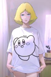 1girl adjusting_clothes blonde_hair blue_eyes blush character_name character_print commentary english_text gundam highres indoors kirby kirby_(series) mobile_suit_gundam moroboshi_danshaku nintendo no_pants parted_bangs parted_lips print_shirt sayla_mass shirt short_hair signature smile solo standing watermark white_shirt