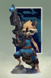 1boy animal_ears artist_name barefoot commentary english_commentary furry furry_male guardians_of_the_galaxy gun highres holding holding_gun holding_weapon i_lokey looking_at_viewer male_focus marvel marvel_cinematic_universe open_mouth raccoon_boy raccoon_ears raccoon_tail rocket_raccoon shirt signature sleeveless sleeveless_shirt tail weapon