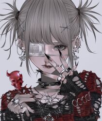1girl absurdres barbell_piercing black_choker black_nails blood candy choker collarbone commentary cross cross_earrings ear_chain earclip earrings eyelashes eyepatch face_piercing fingernails food grey_background grey_eyes grey_hair hair_ornament hand_up highres holding holding_candy holding_food holding_lollipop jewelry latin_cross linked_piercing lollipop long_fingernails long_sleeves looking_at_viewer mano_aaa medical_eyepatch mole mole_under_eye mouth_piercing multicolored_nails multiple_rings nosebleed one_eye_covered original ornate_ring piercing portrait red_sweater ring sharp_fingernails short_hair short_twintails solo spiked_choker spikes striped_clothes striped_sweater stud_earrings sweater three-quarter_sleeves torn_clothes torn_sweater twintails two-tone_nails wireless_earphones x_hair_ornament