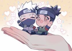2boys black_hair blush brown_eyes emphasis_lines fang forehead_protector hatake_kakashi heart highres holding_chibi holding_hands in_palm male_focus multiple_boys naruto_(series) ponytail scar scar_across_eye scar_on_face scar_on_nose sefarlen02 umino_iruka white_hair
