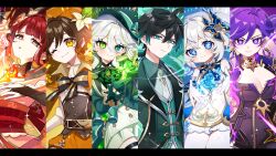 2boys 4girls ahoge alternate_color alternate_eye_color alternate_hair_color alternate_universe aqua_eyes aqua_hair ascot asymmetrical_gloves bare_shoulders beret biker_clothes bikesuit black_bodysuit black_bow black_bowtie black_coat black_gloves black_hair bloomers blue_eyes blue_hair blue_sleeves blush bodysuit bow bowtie braid braided_ponytail breasts bridal_gauntlets brown_hair bubble cape cleavage closed_mouth coat commentary_request cowboy_shot detached_sleeves dress drop-shaped_pupils earrings electro_symbol_(genshin_impact) finger_frame fire flower furina_(genshin_impact) gem genshin_impact geo_symbol_(genshin_impact) gloves gold_trim gradient_hair green_ascot green_background green_bow green_eyes green_gemstone green_gloves green_hair green_hat green_jacket green_pupils green_ribbon green_theme hair_between_eyes hair_ornament hand_up hands_up hat hat_bow hat_flower hat_ribbon heterochromia highres holding holding_sword holding_weapon human_scabbard jacket japanese_clothes jewelry kimono large_breasts light_smile long_hair long_sleeves looking_at_viewer mavuika_(genshin_impact) mismatched_gloves mole mole_under_eye multicolored_hair multiple_boys multiple_girls musou_isshin_(genshin_impact) nahida_(genshin_impact) nail_polish obi obiage obijime oishii_sasa one_eye_closed orange_eyes orange_kimono orange_nails pale_skin palette_swap pantyhose parted_lips pointy_ears purple_eyes purple_hair pyro_symbol_(genshin_impact) raiden_shogun red_hair red_thighhighs ribbon sash shirt short_hair_with_long_locks short_kimono shorts shrug_(clothing) side_ponytail single_braid sleeveless sleeveless_dress smile streaked_hair sword symbol-shaped_pupils symbol_in_eye thigh_strap thighhighs thighs twin_braids twitter_username underwear venti_(genshin_impact) very_long_hair vision_(genshin_impact) weapon white_bloomers white_dress white_gloves white_hair white_pantyhose white_shirt white_shorts wide_sleeves yellow_eyes yellow_hat yellow_shorts zhongli_(genshin_impact)