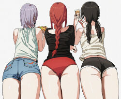 1boy 3girls ass black_hair black_shirt black_shorts blue_shorts braid braided_ponytail cellphone chainsaw_man commentary crotch_seam denji_(chainsaw_man) english_commentary fami_(chainsaw_man) food from_behind grey_background grey_hair holding holding_food holding_phone long_hair low_twintails makima_(chainsaw_man) mitaka_asa multiple_girls no_pants panties phone pizza pizza_slice pocket red_hair red_panties shiren_(ourboy83) shirt short_hair short_shorts shorts simple_background sleeveless sleeveless_shirt twintails underwear white_background white_shirt