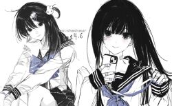 1girl bandaid bandaid_on_face bandaid_on_finger bandaid_on_neck black_hair black_sailor_collar blue_bow blue_bowtie blue_nails bow bowtie cellphone closed_mouth commentary dated highres holding holding_phone long_sleeves looking_at_viewer mole mole_under_eye multiple_views nail_polish original phone sailor_collar school_uniform serafuku shirt shuishuisama smartphone white_shirt
