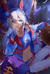 1girl animal_ears banner belt blue_eyes blue_jacket blue_sports_bra breasts chair commentary_request ear_covers ear_ornament fingerless_gloves gloves grey_hair hairband headband highres horse_ears horse_girl horse_tail jacket lightning_bolt_print long_hair looking_at_viewer navel open_clothes open_jacket pants sitting small_breasts solo sports_bra stomach tail tamamo_cross_(umamusume) tongue tongue_out tuksi0302 umamusume v-shaped_eyebrows white_gloves white_pants
