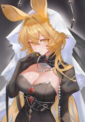 1girl absurdres animal_ears arknights arm_up black_background black_dress black_gloves blonde_hair breasts cleavage clothing_cutout crossed_bangs dorothy_(arknights) dorothy_(hand_of_destiny)_(arknights) dress gloves hair_between_eyes hair_intakes highres holding holding_jewelry holding_necklace jewelry large_breasts long_hair long_sleeves looking_at_viewer mouse_ears mouse_girl necklace official_alternate_costume pearl_necklace puffy_sleeves ring smile solo uof veil very_long_hair yellow_eyes