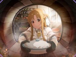 1girl asuna_(sao) blonde_hair blush braid brown_eyes casserole chef closed_mouth french_braid game_cg hair_between_eyes half_updo long_hair long_sleeves mittens smile solo sunlight sword_art_online sword_art_online:_alicization sword_art_online:_alicization_rising_steel sword_art_online:_unleashed_blading upper_body