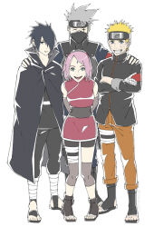 1girl 3boys :d bandaged_arm bandages black_eyes black_hair black_jacket blonde_hair blue_eyes camo_niku closed_eyes covered_mouth crossed_arms dress facial_mark fingerless_gloves forehead_jewel forehead_protector full_body gloves green_eyes grey_hair hair_over_one_eye haruno_sakura hatake_kakashi jacket looking_at_viewer mask mouth_mask multiple_boys naruto:_the_last naruto_(series) open-toe_shoes open_mouth orange_pants pants pink_hair scar scar_across_eye scar_on_face short_hair sleeveless sleeveless_dress smile standing team_7_(naruto) teeth uchiha_sasuke uzumaki_naruto whisker_markings white_background