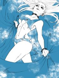 1girl bracelet colored_sclera earrings floating_hair forehead jewelry jujutsu_kaisen na7_mi3_ki9 sky thick_thighs thighs uro_takako
